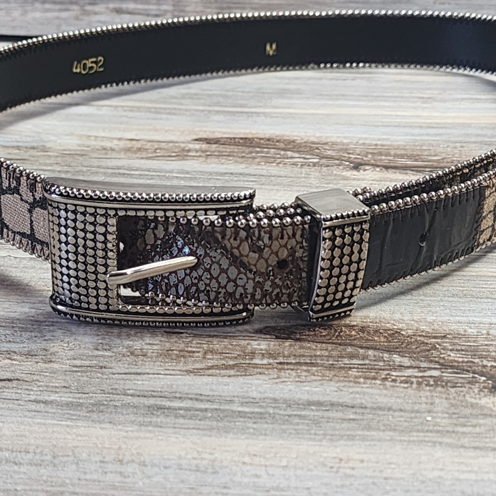 Century Canada Exotic Print Leather Belt Ball Chain Trim Brown Size M